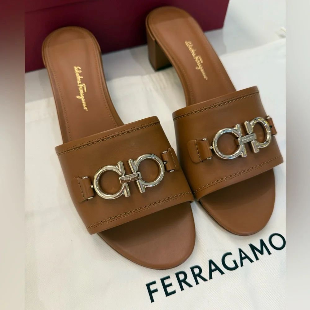 Salvatore Ladies‎ Brown Rhodes Gancini Heel Sandals, Size 9.5 - Picture 10 of 13